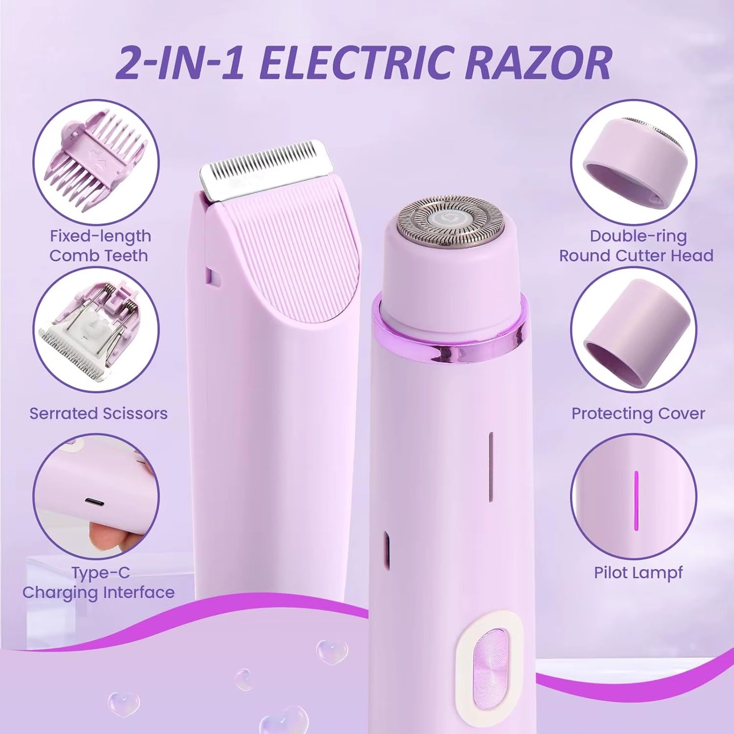 Electric Razors for Women 2 in 1 Electric Shaver for Pubic Hair Trimmer IPX7 Waterproof Wet&Dry Use Bikini Shaver for Body
